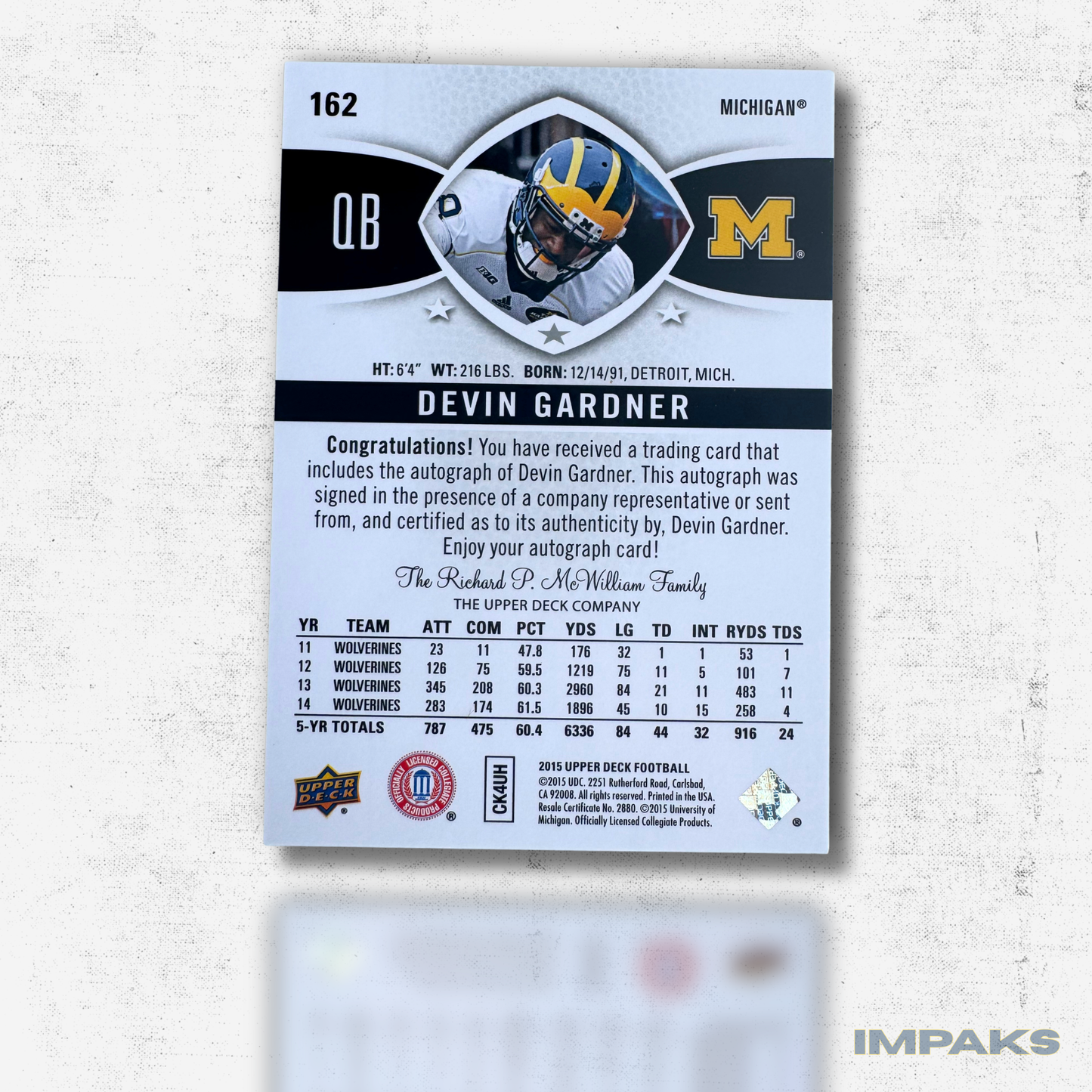 Devin Gardner Autographed Upper Deck Trading Card